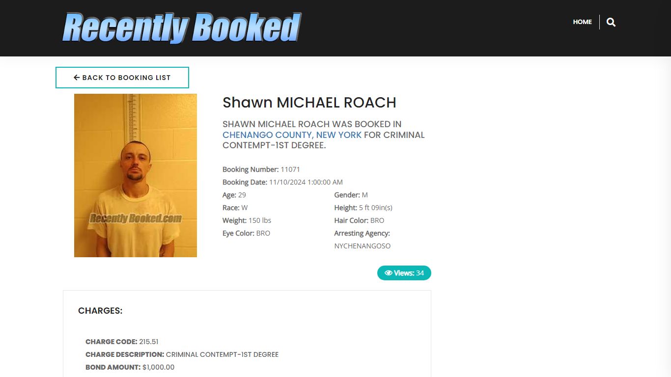 Recent Booking / Mugshot for SHAWN MICHAEL ROACH in Chenango County ...